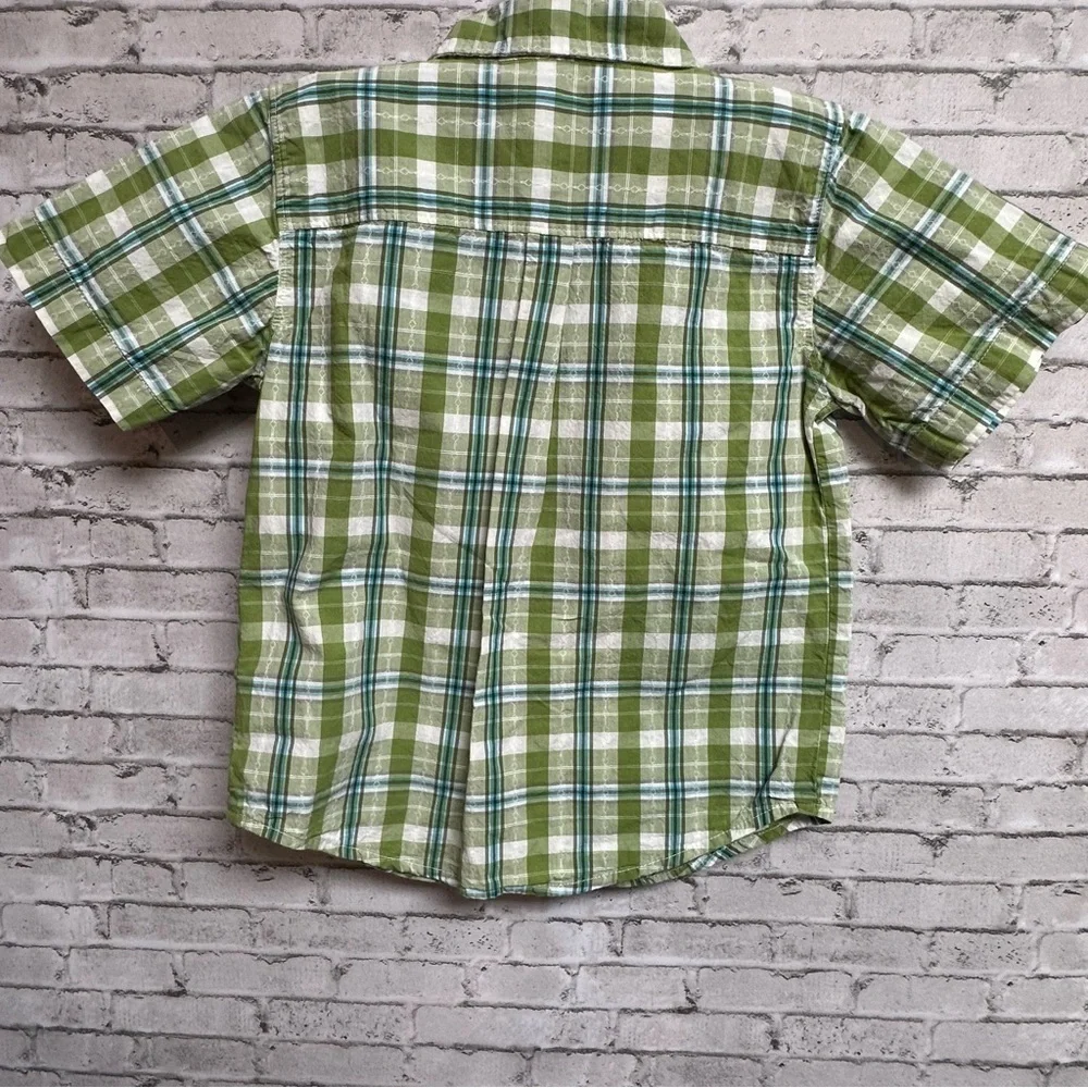 Old Navy Boys 4T Green Plaid Button Up Shirt Pockets Short Sleeves